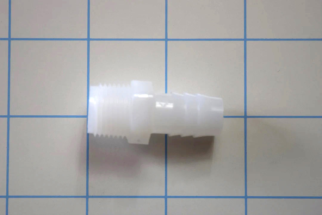 White nylon straight adapter fitting with 1/2 inch multi-barb connector on one end and 3/8 inch NPT male thread on the other