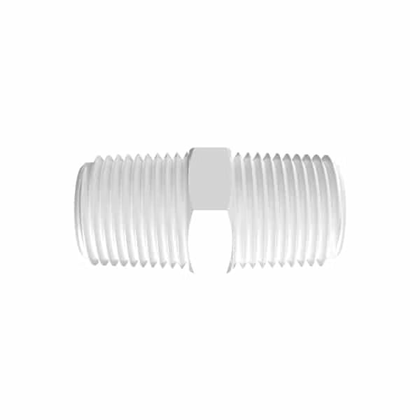 White nylon double-ended male 1/2 inch NPT threaded nipple hose adaptor connector.