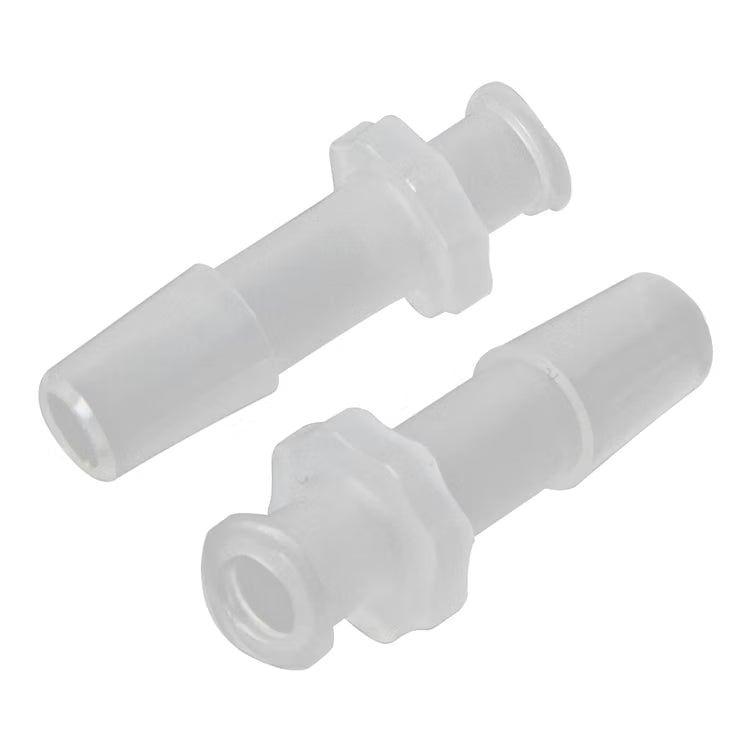 Pair of 1/4 inch clear plastic quick disconnect fittings with single tapered barbed ends.