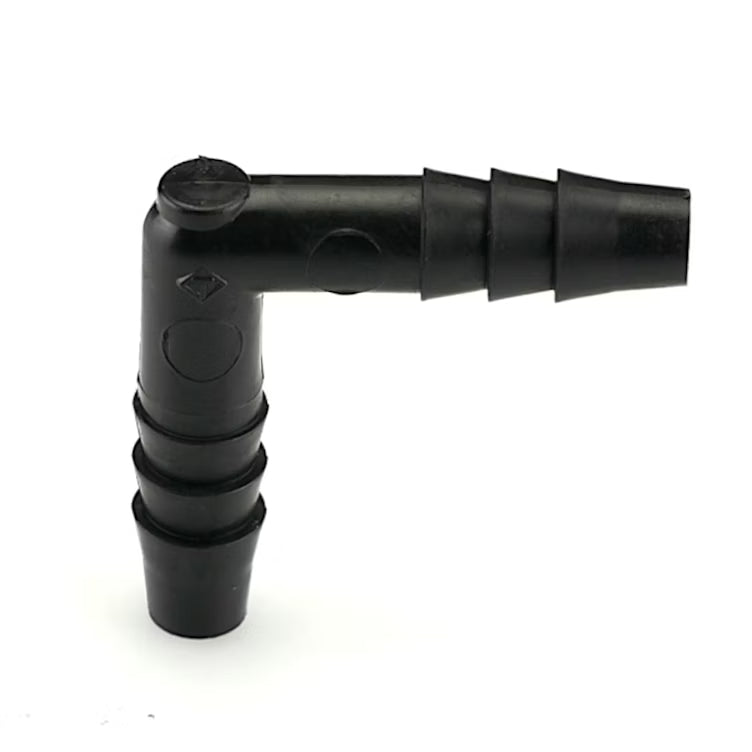 Black plastic 90 degree elbow hose connector with 1/4 inch barbed ends.