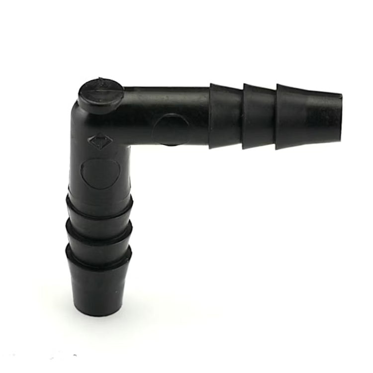 Black plastic 90 degree elbow hose connector with 1/4 inch barbed ends.