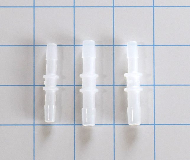Three white plastic straight barbed hose connectors in 1/4 to 1/4 inch, 1/4 to 5/16 inch, and 5/16 to 5/16 inch sizes on a grid background.