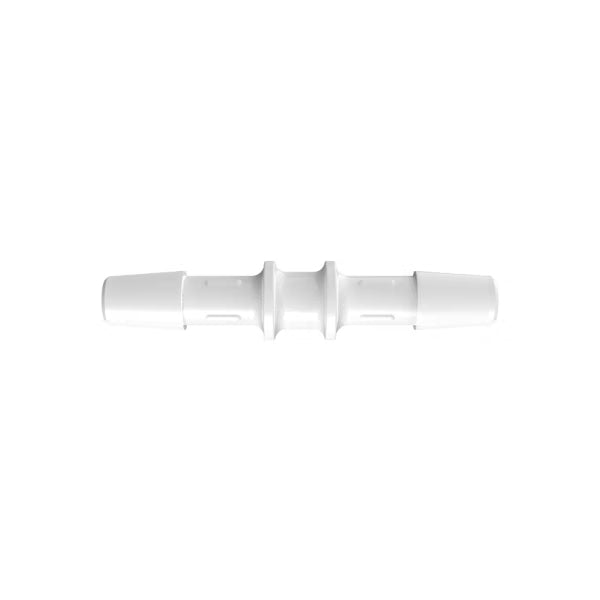 Clear polypropylene straight hose connector with single tapered barbs for 1/4 inch inside diameter tubing.