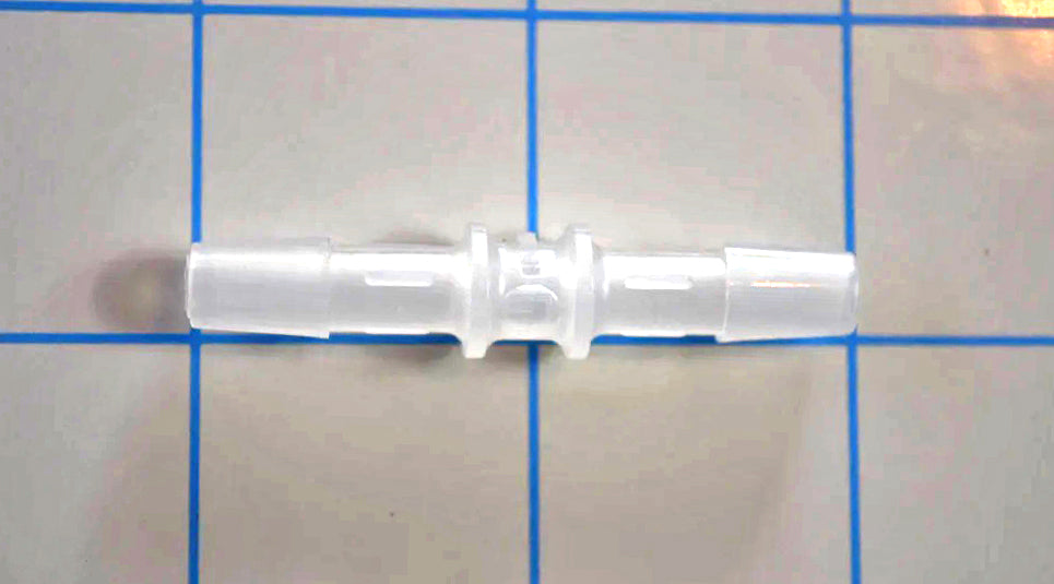 Natural translucent polypropylene straight barbed coupler for 1/4 inch inside diameter tubing on a blue grid background.