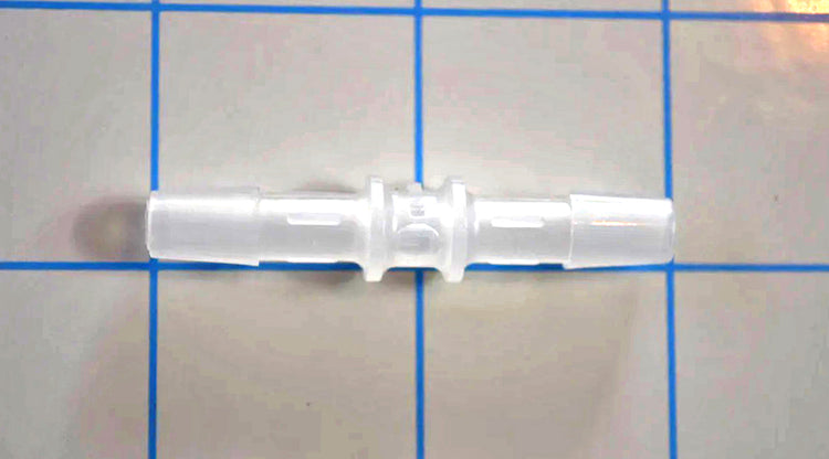 Natural translucent polypropylene straight barbed coupler for 1/4 inch inside diameter tubing on a blue grid background.