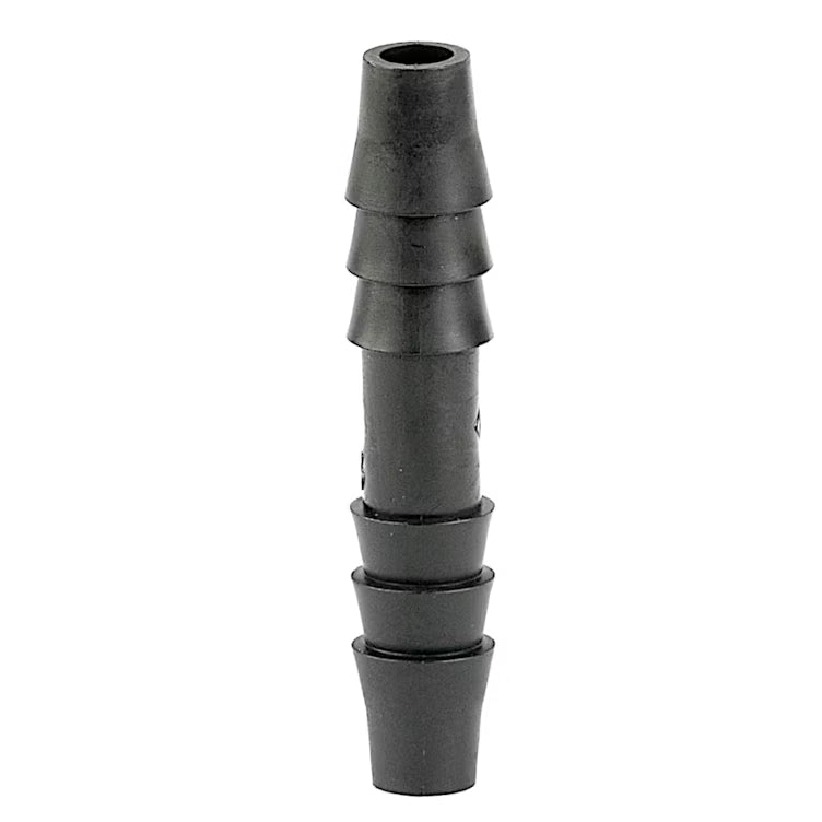 Black plastic straight 1/4 inch multi-barb hose connector fitting.
