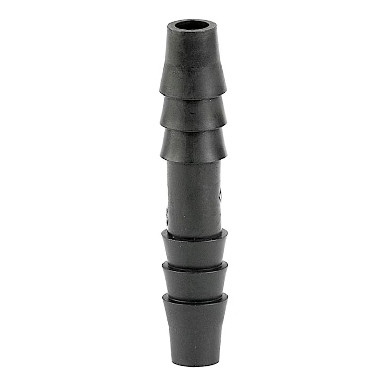 Black plastic straight 1/4 inch multi-barb hose connector fitting.