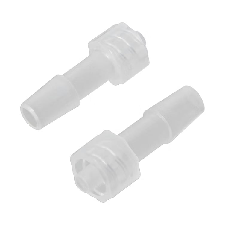 Clear polycarbonate 1/4 inch quick twist disconnect coupler set showing male and female barbed connectors.