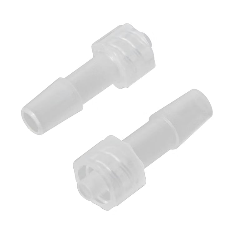 Clear polycarbonate 1/4 inch quick twist disconnect coupler set showing male and female barbed connectors.