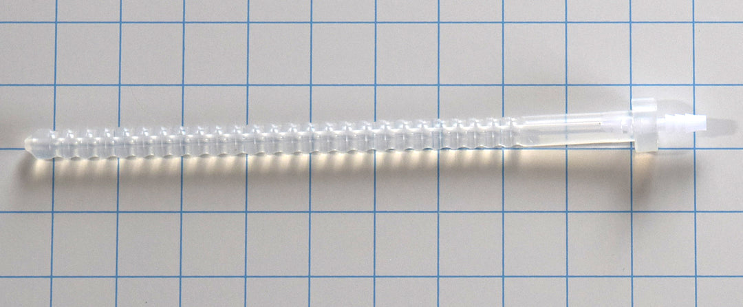 Polypropylene 1/8 inch barbed adapter inserted into the base of a translucent ribbed silicone sound on a blue grid background.