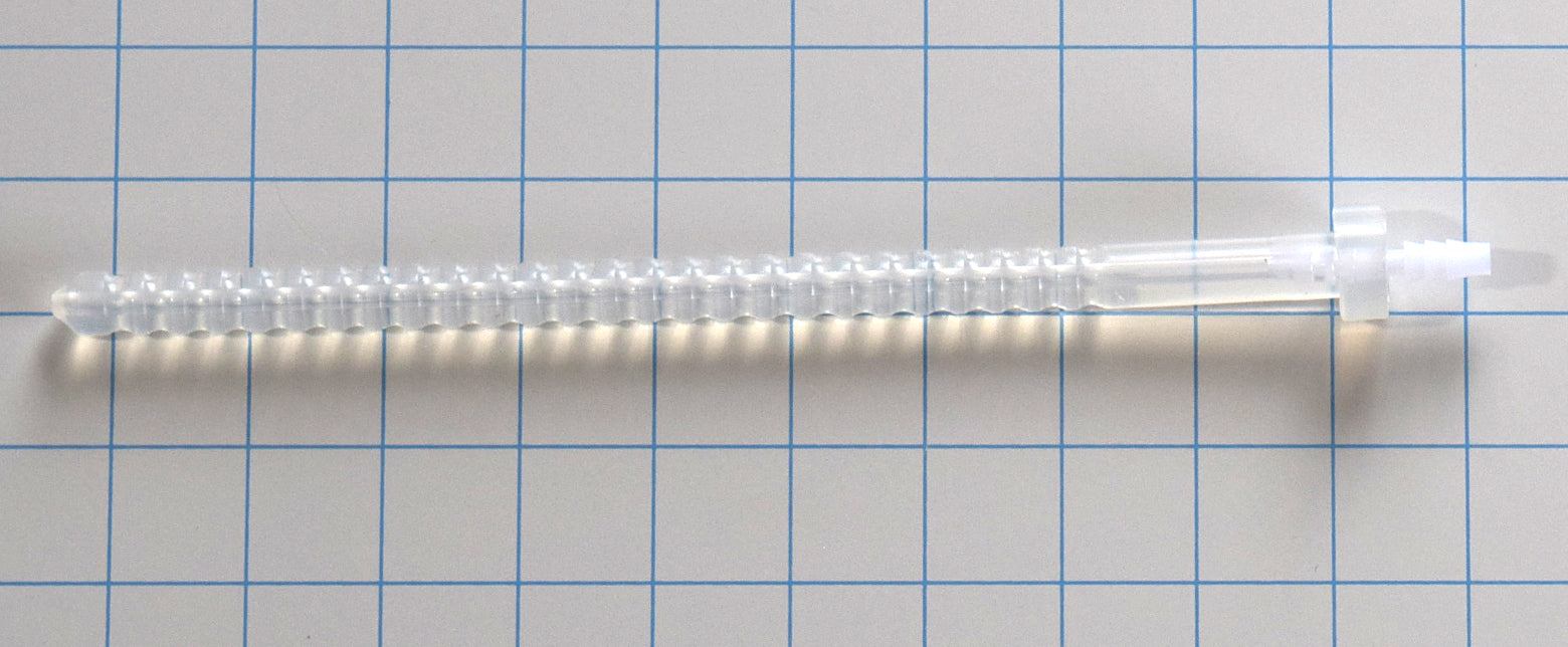 Polypropylene 1/8 inch barbed adapter inserted into the base of a translucent ribbed silicone sound on a blue grid background.