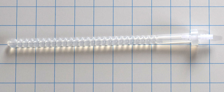 Polypropylene 1/8 inch barbed adapter inserted into the base of a translucent ribbed silicone sound on a blue grid background.
