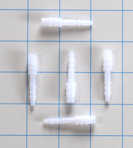 five natural polypropylene 1/8 inch to 1/4 inch barbed reducing connectors arranged on a blue grid background
