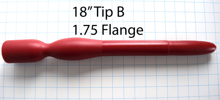 1.35-inch diameter, 18-inch Red silicone colon tube with Tip B design and 1.75-inch flange, shown on a grid background.