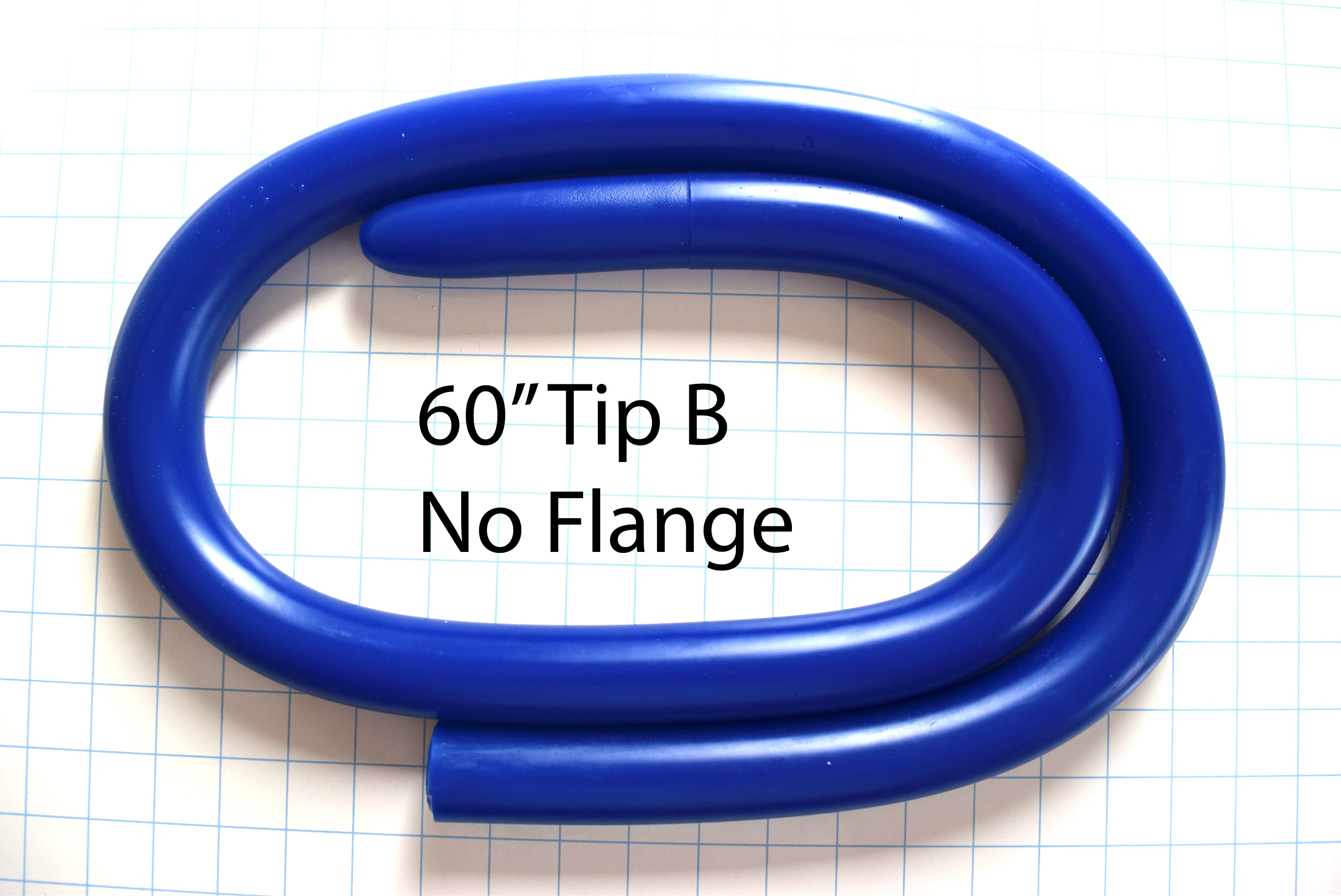 1.35-inch diameter, 60-inch blue silicone colon tube with Tip B design and no flange, shown on a grid background.