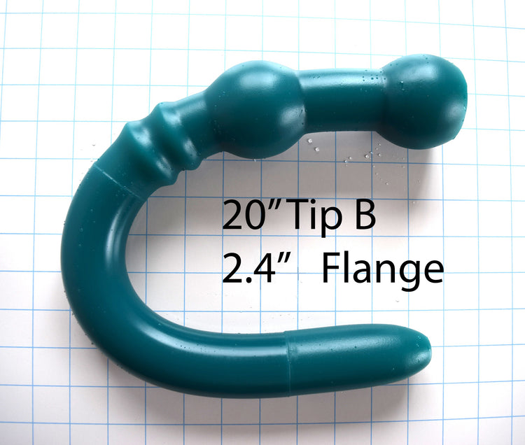 1.6-inch diameter, 20-inch green silicone colon tube with Tip B design and 2.4-inch flange, shown on a grid background.