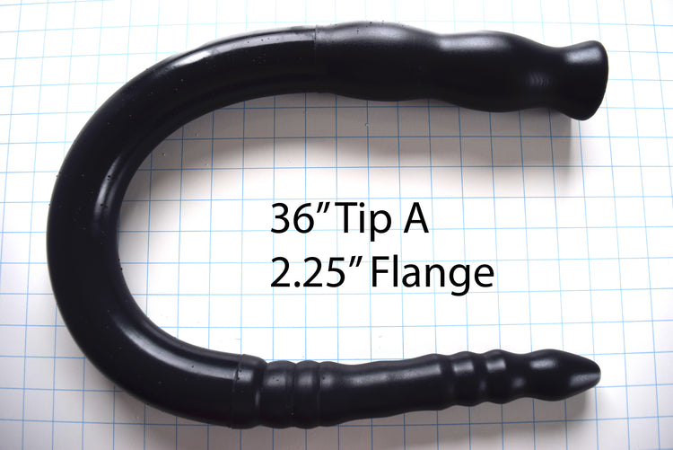 2-inch diameter, 36-inch black silicone colon tube with Tip a design and 2.25-inch flange, shown on a grid background.