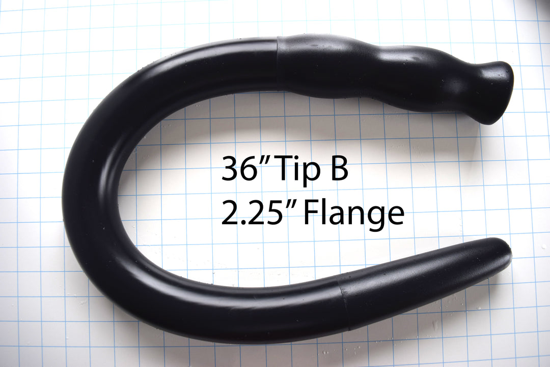 2-inch diameter, 36-inch black silicone colon tube with Tip B design and 2.25-inch flange, shown on a grid background.
