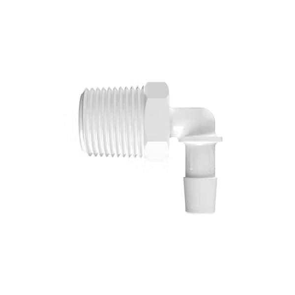 White nylon 90 degree elbow fitting featuring a 3/8 inch multi-barb hose connector and a 1/2 inch MPT male thread.