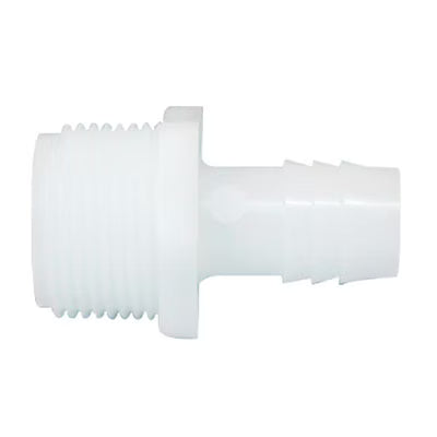 White nylon straight adapter fitting featuring a 3/8 inch multi-barb hose connector and a 1/2 inch NPT male thread.