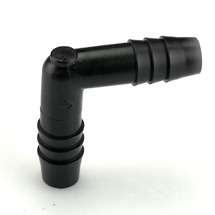 Black polyurethane 90 degree elbow hose fitting with 3/8 inch multi-barb connectors on both ends