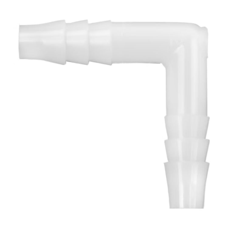 White nylon 90 degree elbow hose fitting with 3/8 inch multi-barb double-ended connectors.