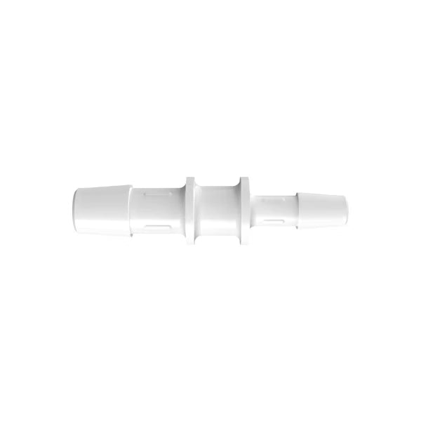 White polypropylene straight barbed hose reducer fitting with 3/8 inch to 1/4 inch triple barbs.