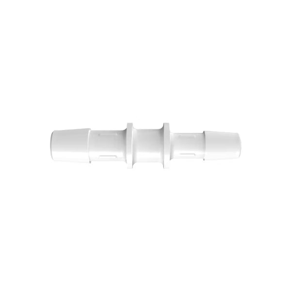 White polypropylene straight barbed hose reducer fitting with 3/8 inch to 5/16 inch triple retaining barb ends.