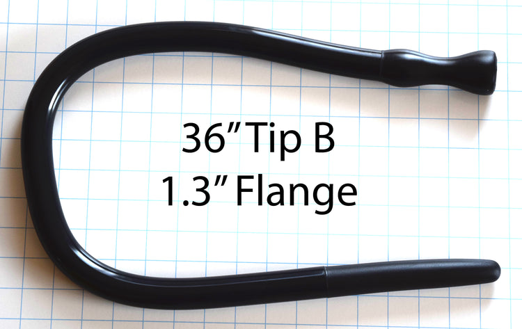 1" diameter, 36-inch black silicone enema nozzle, Tip B design with 1.3-inch flange, shown on a grid background. 