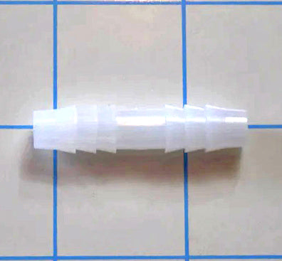 White nylon straight barbed hose coupler fitting with 5/16 inch triple retaining barb ends on a blue grid background.