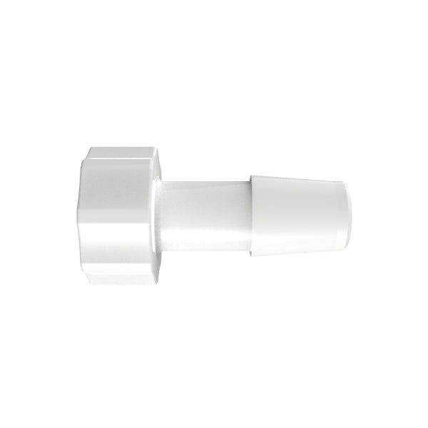 Female end of a 5/16 inch clear polycarbonate quick disconnect coupler with single tapered hose barb.