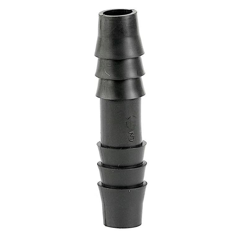 Black plastic straight 5/16 inch multi-barb hose connector fitting.