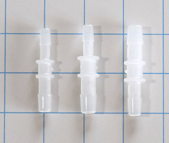 Three white plastic straight barbed hose connectors in 1/4 to 3/8 inch, 5/16 to 3/8 inch, and 5/16 to 5/16 inch sizes on a blue grid background.
