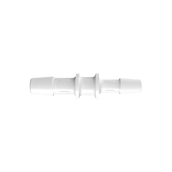 White polypropylene straight barbed hose reducer fitting with 5/16 inch to 1/4 inch triple barbs