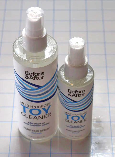 4oz and 8.5oz bottles of Before & After Antibacterial Toy Cleaner standing side by side.