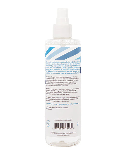 Back label of Before & After Antibacterial Cleaner bottle with directions, warnings, and ingredients.