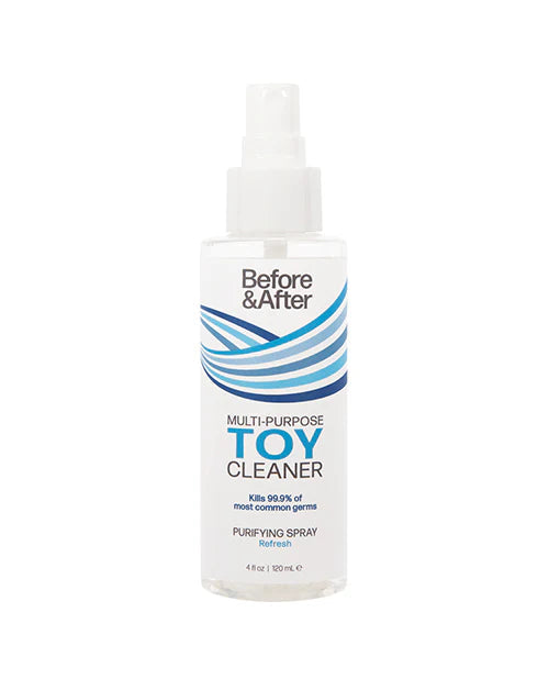 Front view of Before & After Antibacterial Toy Cleaner 4oz spray bottle on a white background.