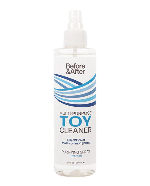 Front view of Before and After multi-purpose antibacterial toy cleaner spray bottle.