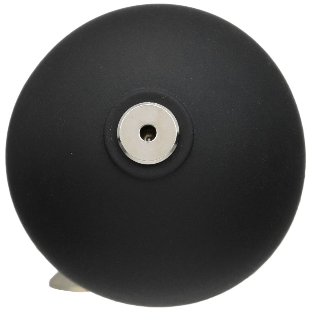 Bottom view of a black rubber inflation squeeze bulb showing the stainless steel air release valve.