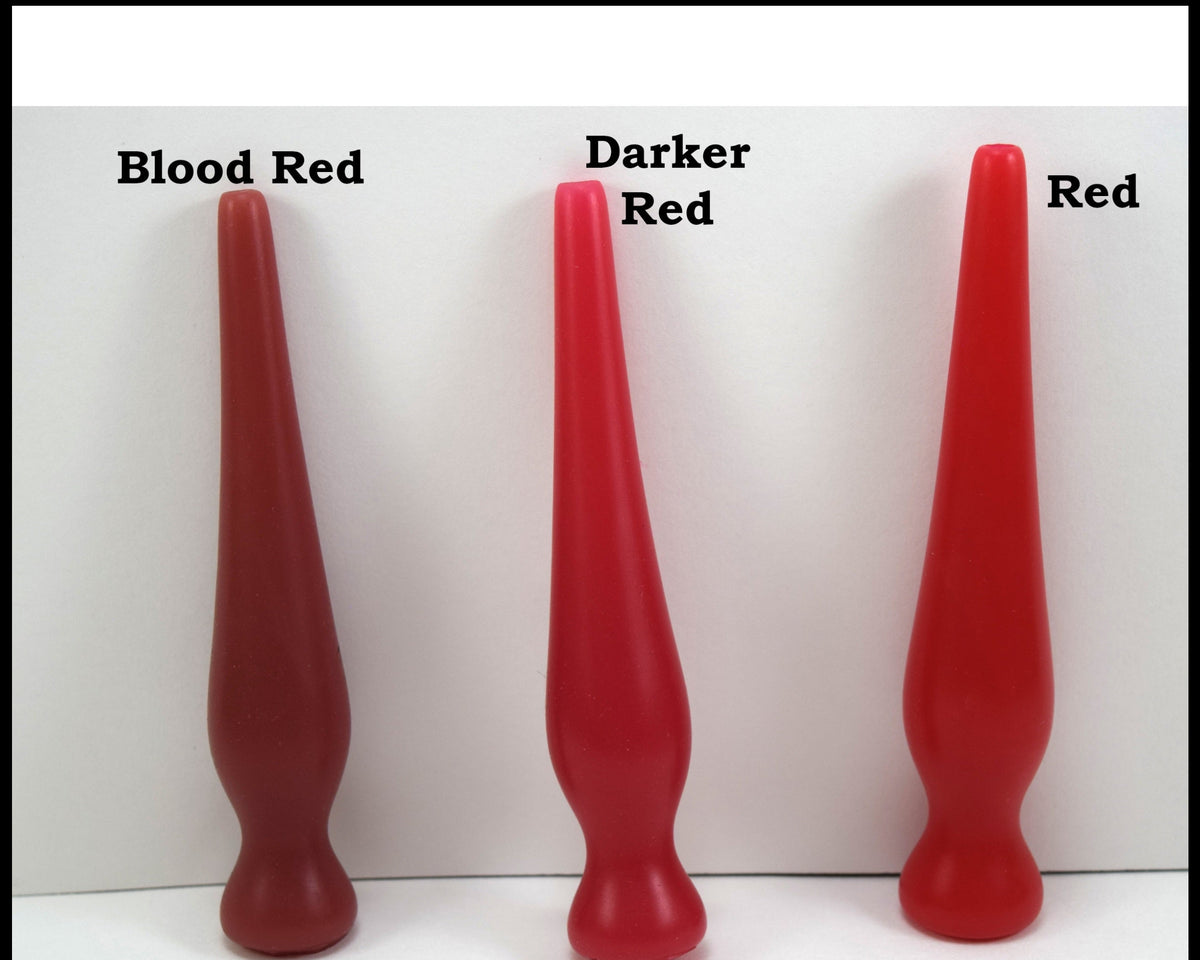 Side-by-side color comparison of three silicone long nozzles labeled Blood Red, Darker Red, and Red to showcase shade variations on a white background