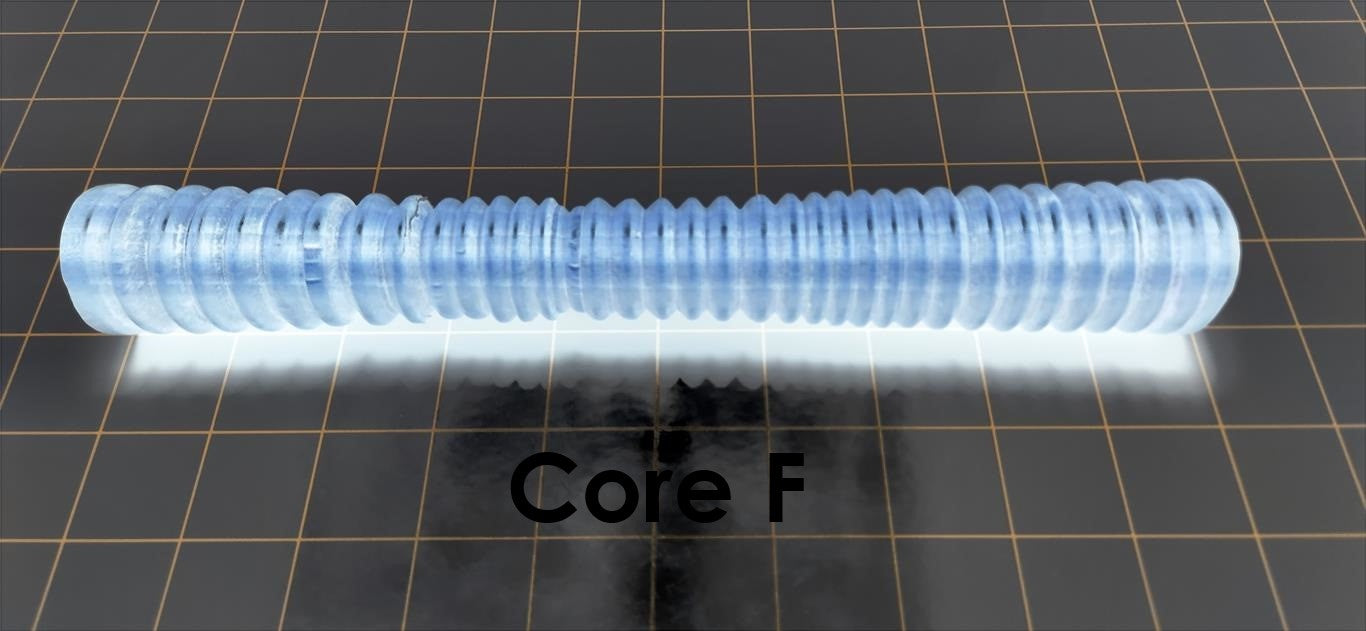 Core F solid mold insert featuring smaller ribbed channels designed for gradual tapering and suction inside silicone enhancement sleeves.