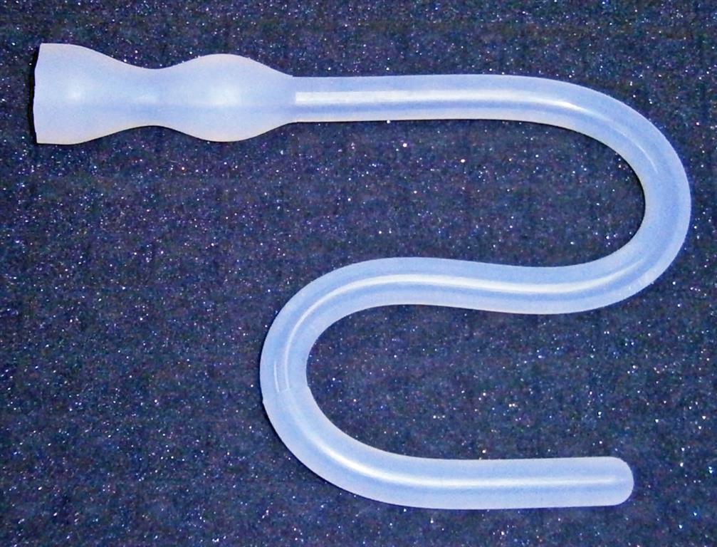 Deep throat trainer 5/8 inch slender silicone gag reflex training device with rounded tip showing continuous center borehole.