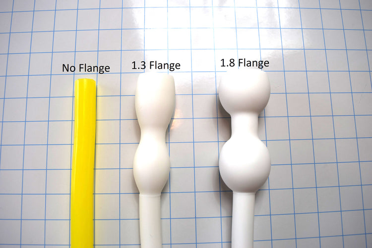Three silicone Deep Throat Training tubes showing No Flange, 1.3-inch Flange, and 1.8-inch Flange options on a white grid background