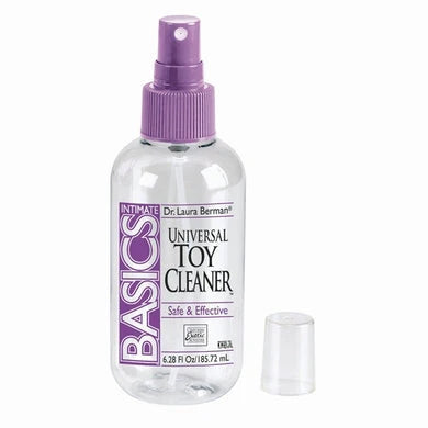 Dr. Laura Berman Basics universal antibacterial toy cleaner spray bottle with removable cap isolated on a white background.