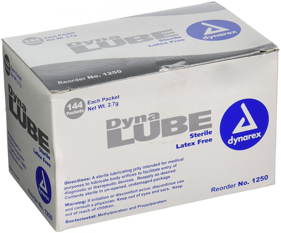 Box of 144 Dynalube 2.7g sterile water soluble lubricating jelly packets.