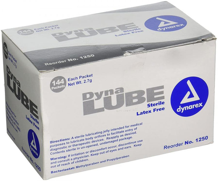 Box of 144 Dynalube 2.7g sterile water soluble lubricating jelly packets.