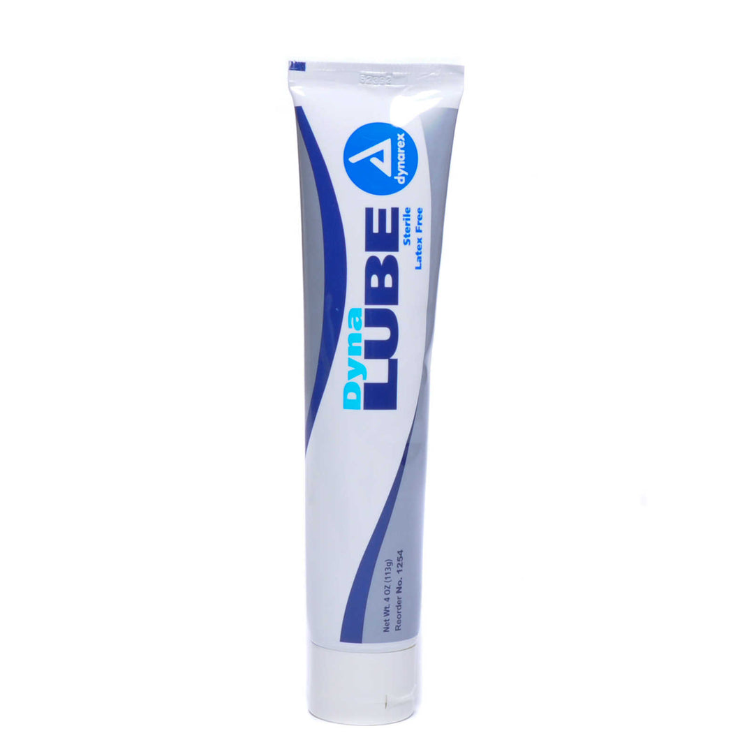 4 oz tube of Dynalube sterile water soluble medical lubricating jelly isolated on a white background.
