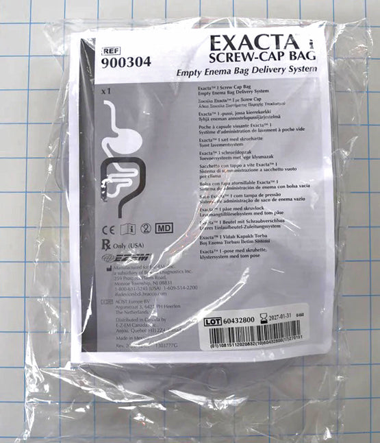 Factory sealed packaging for Exacta screw cap empty enema bag delivery system item 900304.