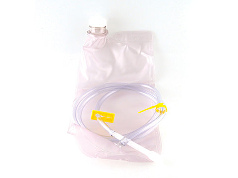 Empty 1500ml Exacta screw cap enema bag with clear delivery tubing and yellow plastic clamp.