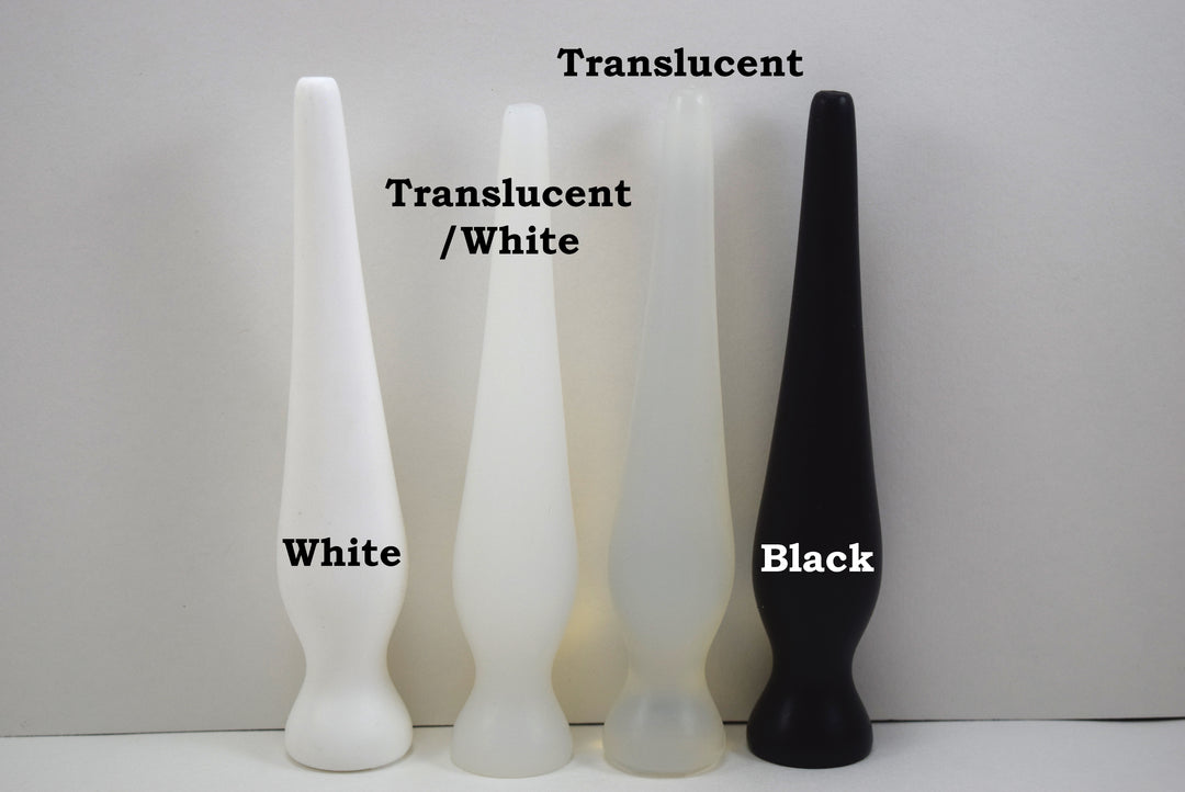 EXT CON 1.0 inch silicone retention plug lineup comparing white, translucent white, clear translucent, and solid black options.